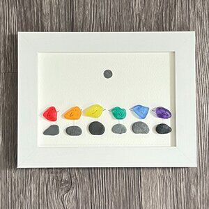 Handmade Sea Glass & Stone Rainbow Baby Bird Art , Framed